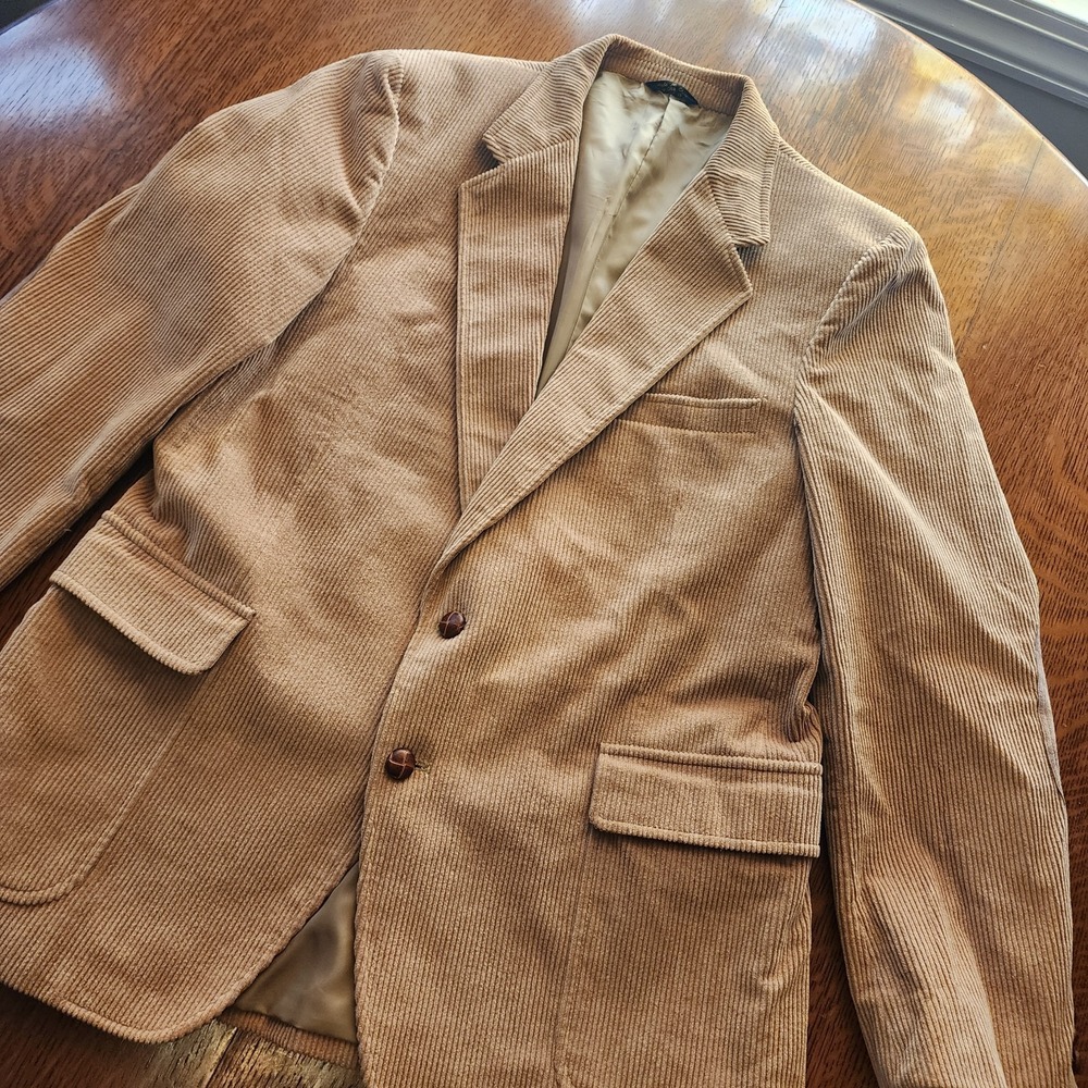 VTG Woodmere Mens Corduroy Sport Coat Blazer Two Button Beige Cotton Size 44 Reg